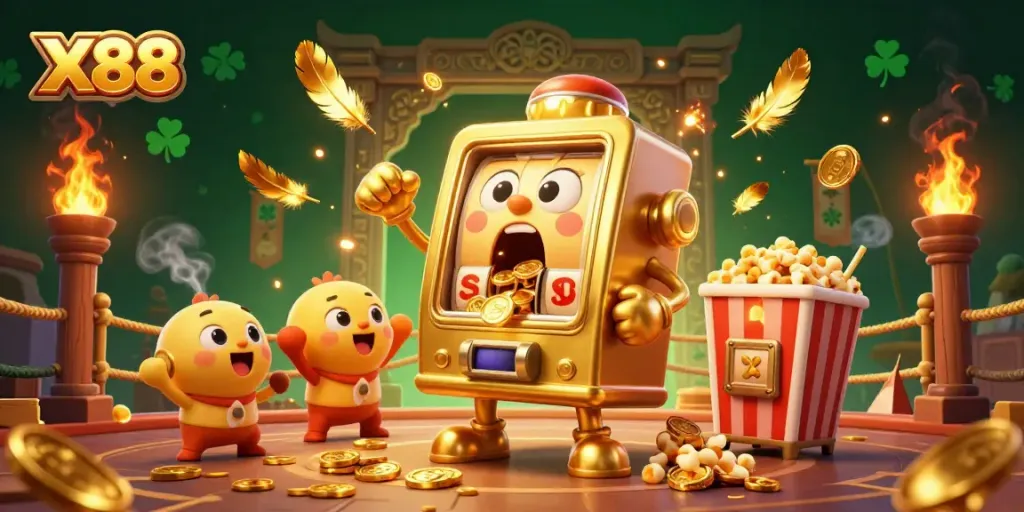 X88 brings excitement as the golden slot machine hits a jackpot, showering coins, in a dynamic casino scene.