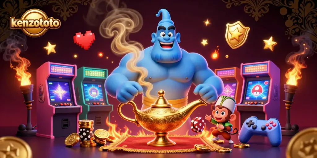 Experience the magic of kenzototo with vibrant 3D illustration capturing a genie and lively characters amidst casino elements.