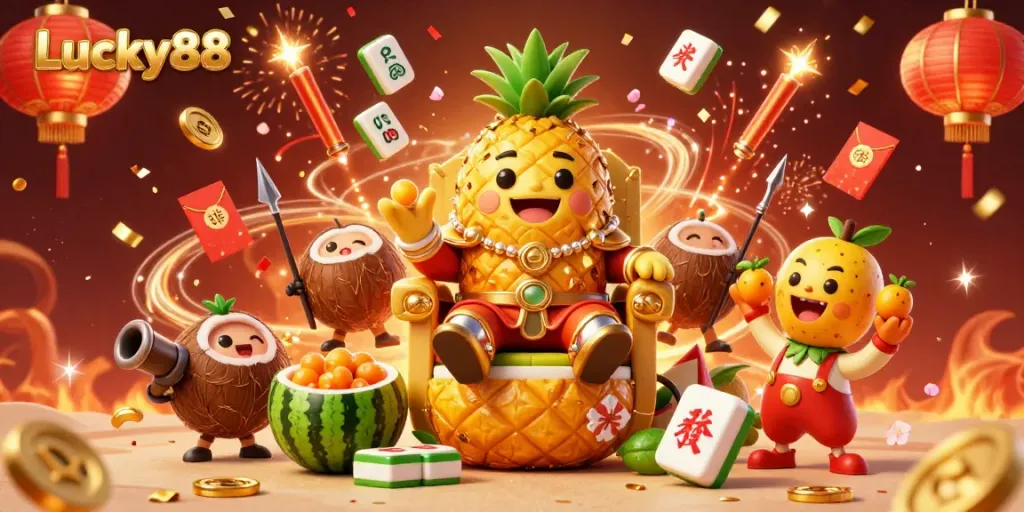 Engage with Lucky88's thrilling beach casino scene featuring vibrant characters and festive gambling elements.