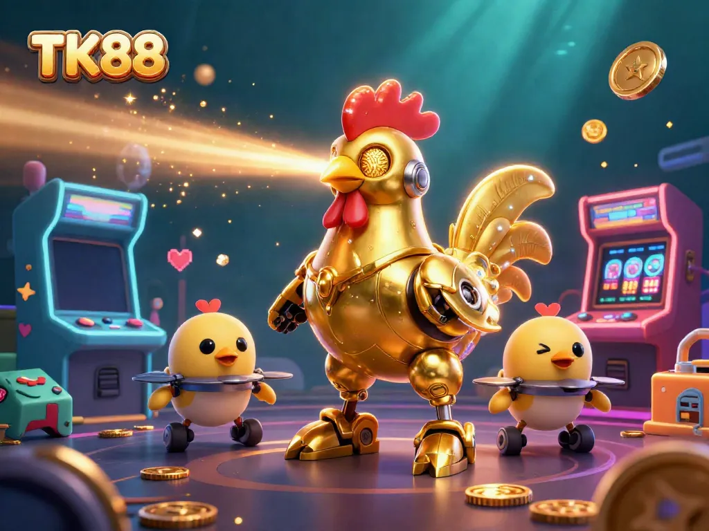 Engage in thrilling gaming with TK88's vibrant 3D illustration showcasing retro-futuristic characters and casino elements.