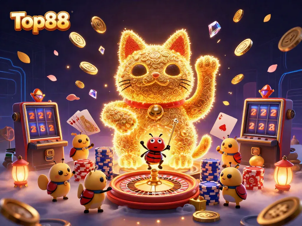 Experience Top88's vibrant casino world with a lucky cat and golden fireflies, showcasing thrilling game elements.