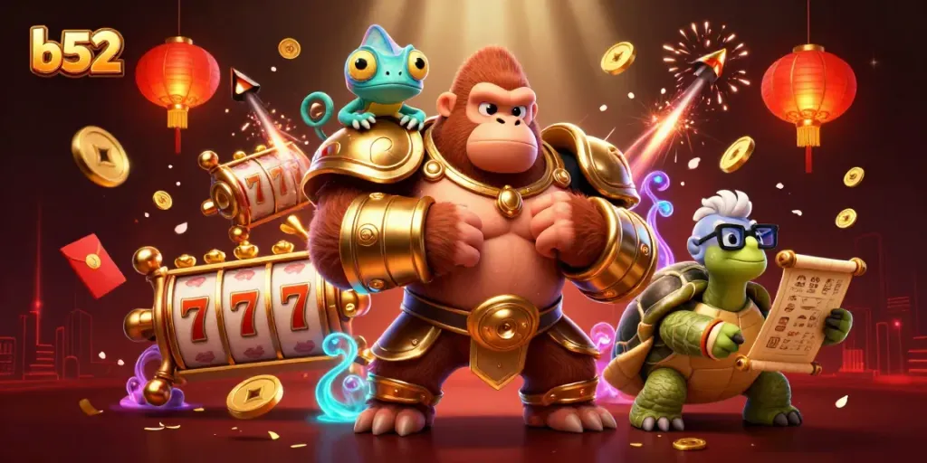 B52 gamers celebrating wins with vibrant visuals of jackpot slot reels and festive elements in a dynamic scene.