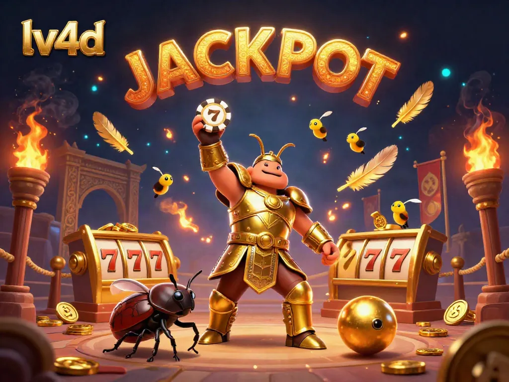 Celebrate wins at lv4d with a triumphant beetle lifting a poker chip, surrounded by casino elements.