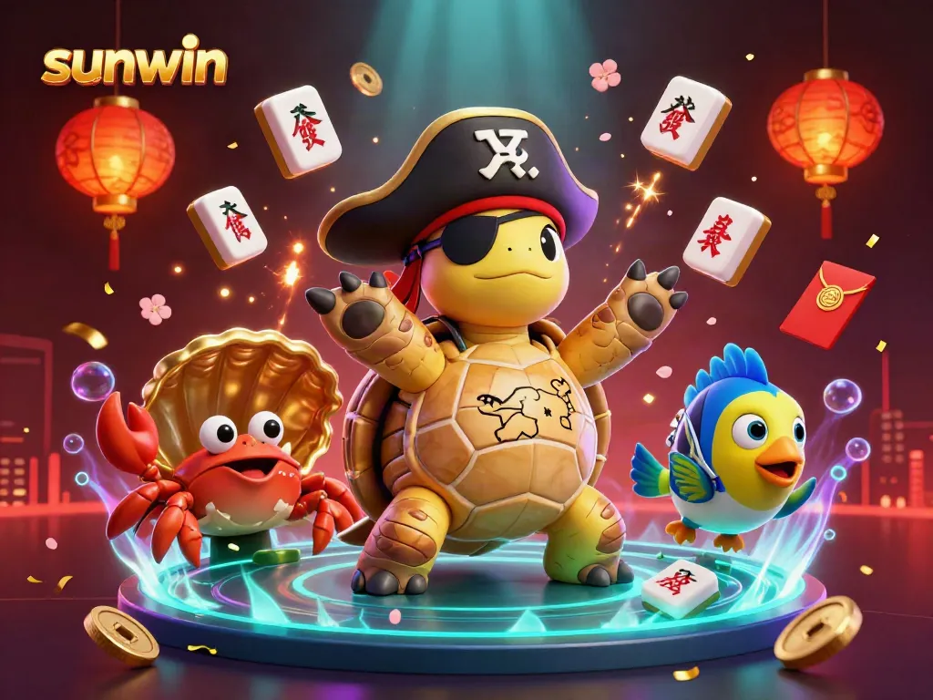 Experience thrilling gameplay with sunwin's dynamic visual of a cartoon pirate turtle amid festive casino elements.