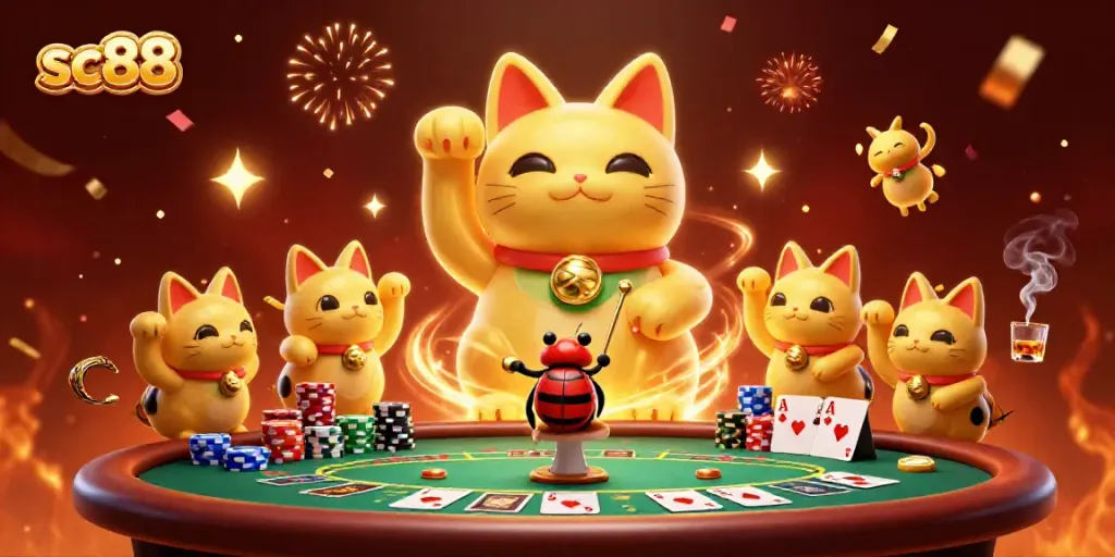 Experience the vibrant excitement of sc88 with a 3D lucky cat in a spectacular casino-themed illustration.