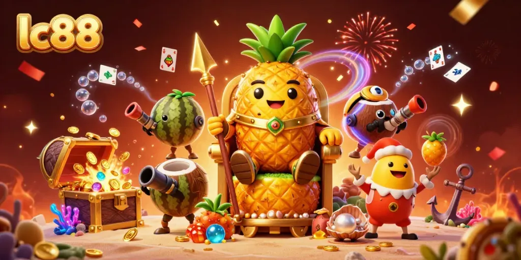 Experience the excitement of lc88 with the golden pineapple king at a vibrant beach casino scene.