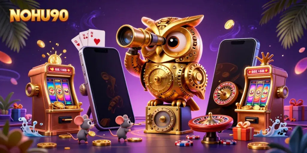 Engaging scene depicting NOHU90 with a clockwork owl and vibrant casino elements.
