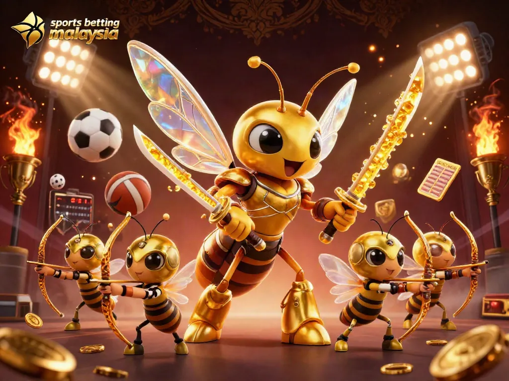 Engage in sports betting Malaysia with a dazzling scene of a golden hornet samurai wielding katanas amid dynamic elements.