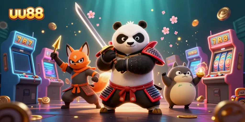 Engage in thrilling u88 gaming adventures with samurai panda and ninja fox in an energetic casino setting