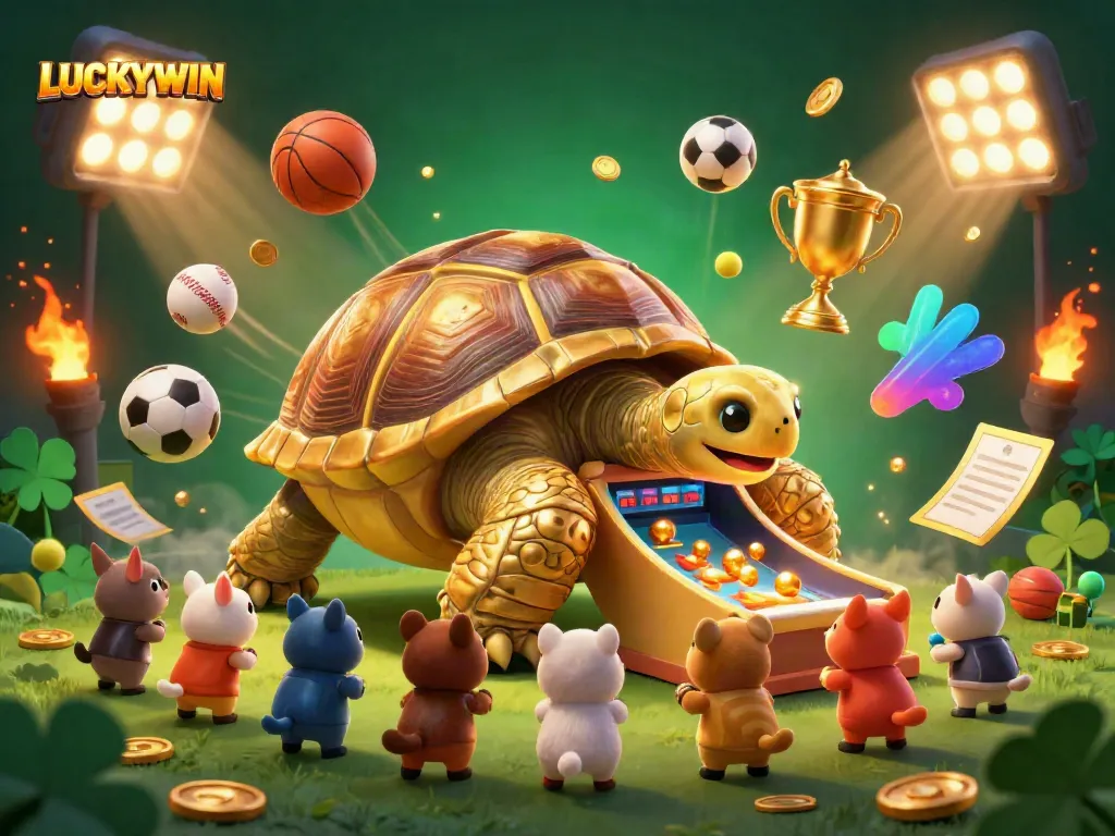 Experience the excitement at LUCKYWIN, featuring a gold tortoise pinball machine with vibrant sports elements.