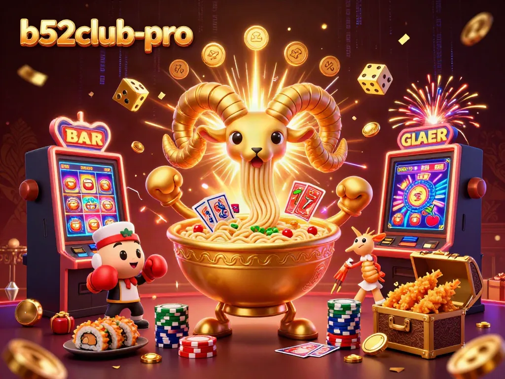Engage with exciting b52club-pro gameplay as the golden ramen bowl deals cards and stacks chips in vibrant casino scene.