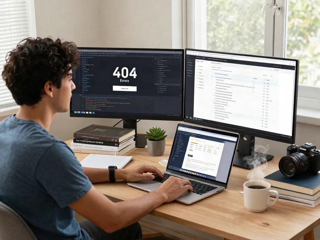Pecah 404 error resolution in a tech workspace with monitors, notes, and coffee.