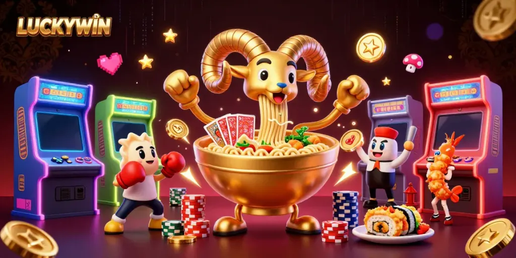 LUCKYWIN features a dynamic scene of cartoon characters engaged in playful gambling activities.