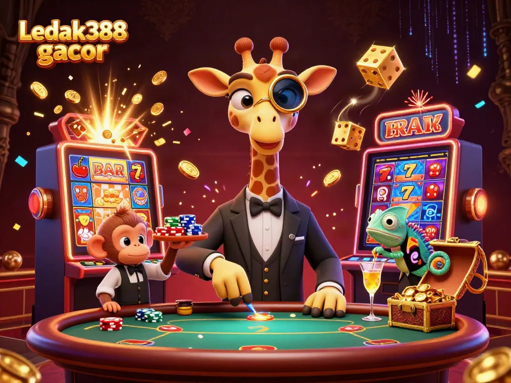 Engage with Ledak388 gacor through an animated jackpot explosion scene with vibrant casino elements.