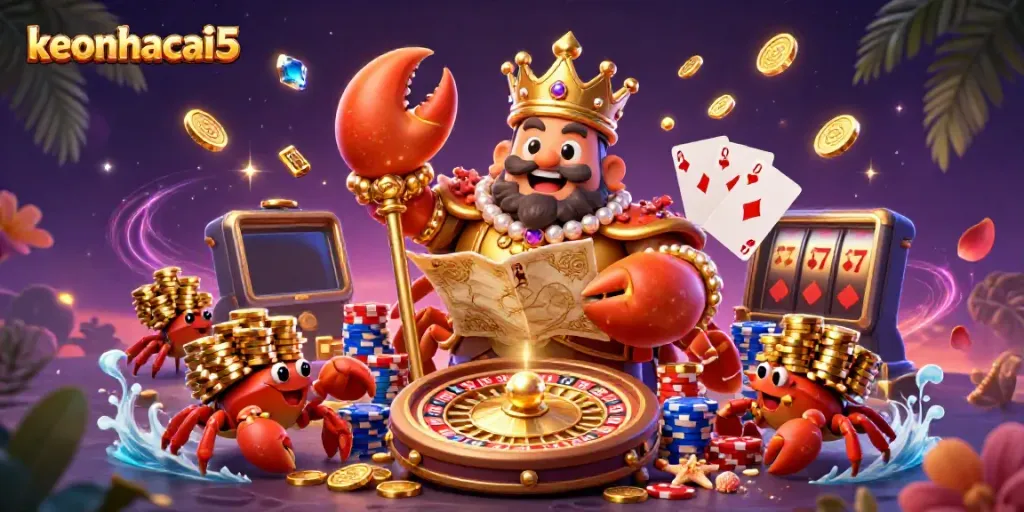 Engage in thrilling gameplay with keonhacai5 featuring a golden crab emperor and dynamic casino elements.