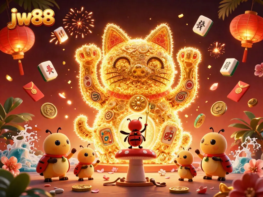 Engage with the dynamic jw88 casino world through a whimsical illustration of a giant lucky cat, lively fireflies, and floating golden game elements.