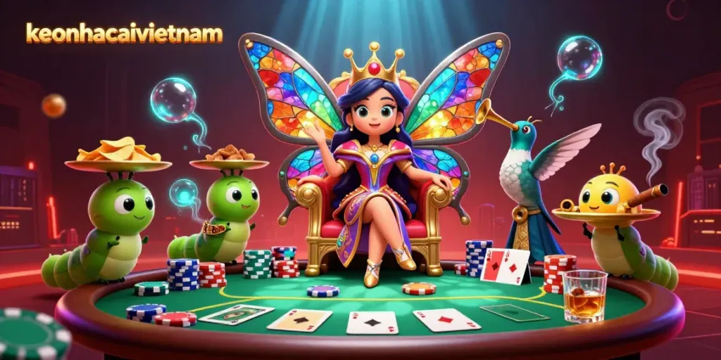 Engage with keonhacaivietnam's vibrant casino scene featuring a butterfly queen and poker elements.