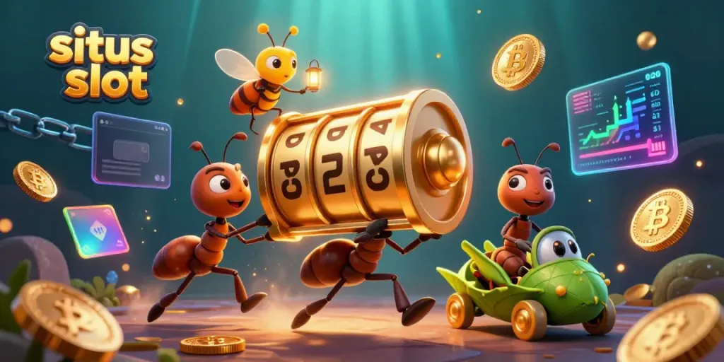 Tim semut 3D membawa gulungan slot emas dalam penjelajahan situs slot yang menarik.