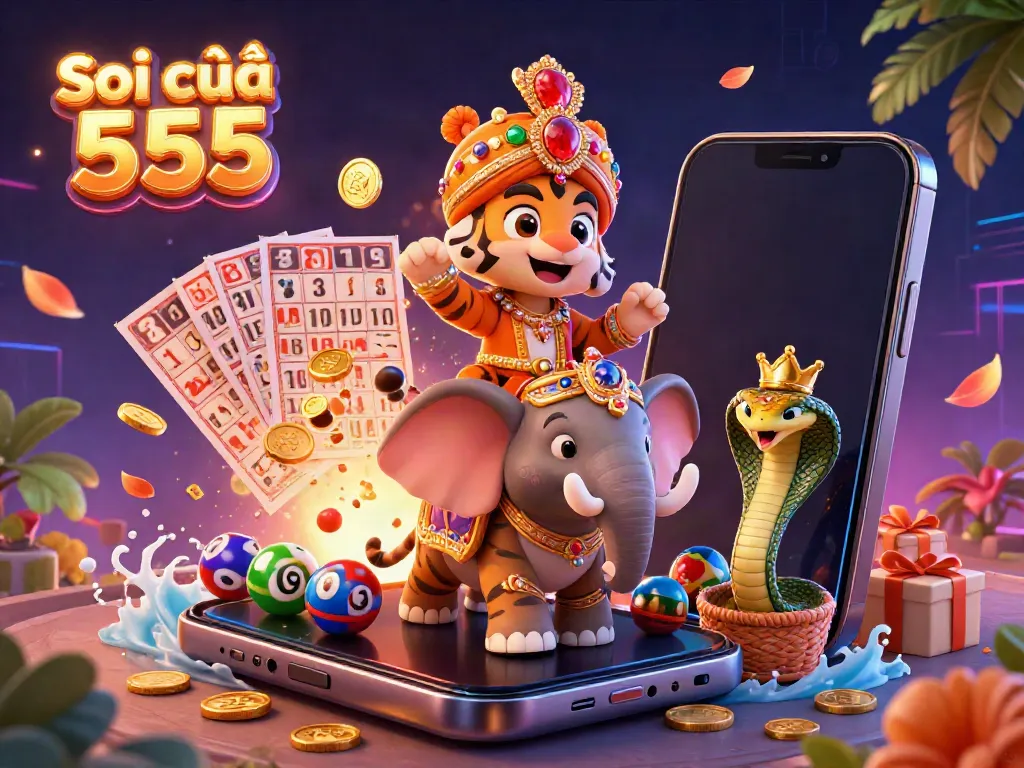 Experience the excitement of Soi cầu 555 with a vibrant lottery-themed illustration featuring dynamic characters and colorful elements.