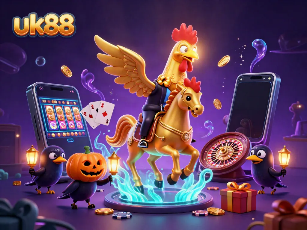 Engage in uk88's thrilling gameplay with a golden rooster and spooky companions illuminating a casino.