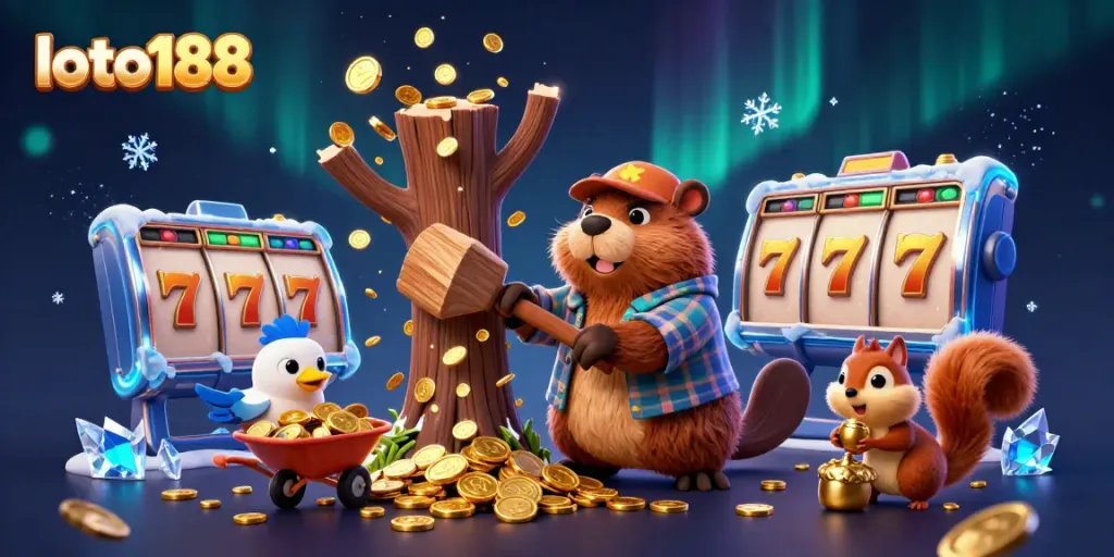 Experience slot gaming excitement with loto188's vibrant scene featuring a beaver, bird, and squirrel in a casino.