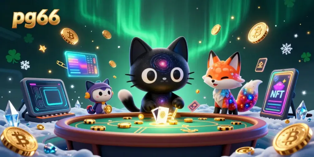 Experience epic wins at pg66's casino with colorful characters and glowing crypto elements.