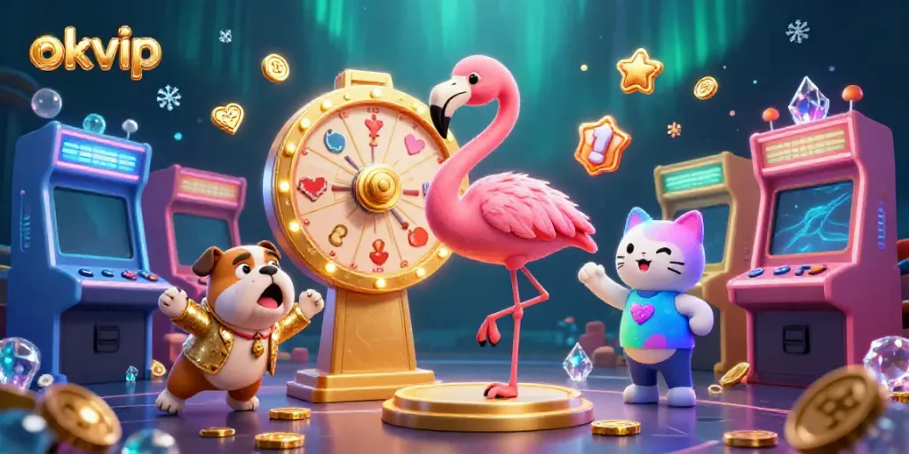 Engage with okvip's vibrant casino gaming scene featuring colorful characters and dynamic prizes.