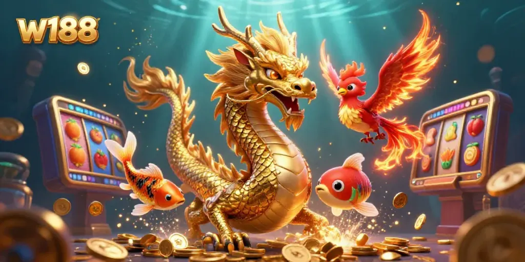 Experience thrilling wins at w188 with stunning casino visuals including a dragon and phoenix.