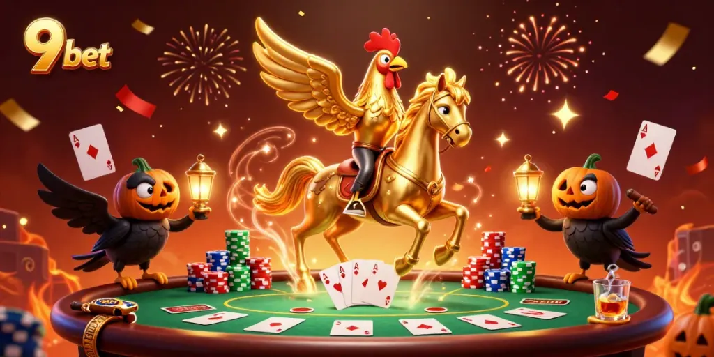 Engage with 9 bet in a vibrant casino setting featuring a golden rooster and poker elements.