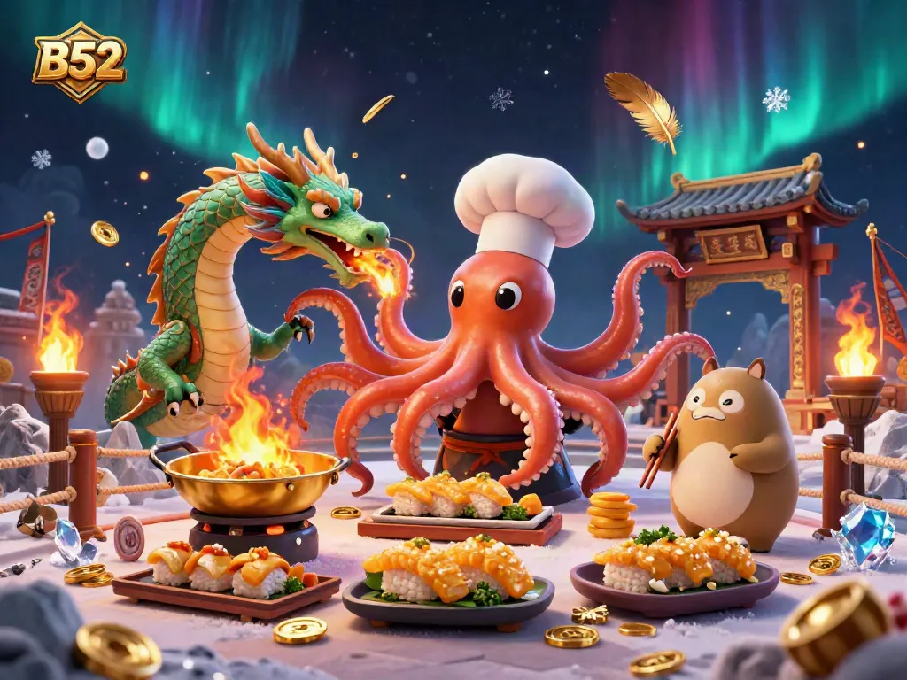 Engaging scene showcasing B52 with a cartoon octopus chef, a dragon, and a tanuki in a dynamic online casino setting.