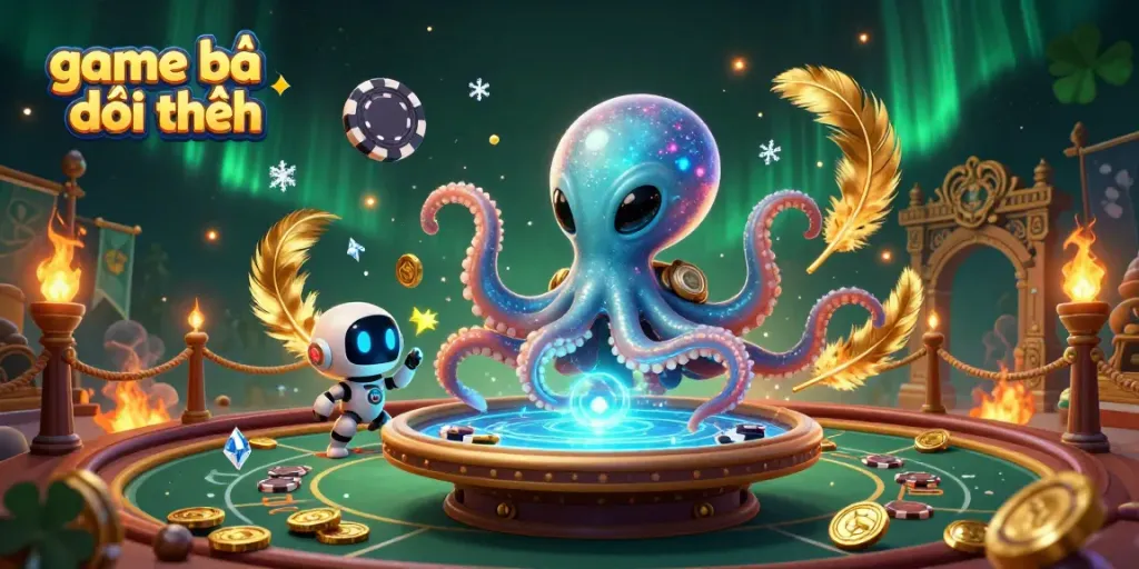 Engaging game bài đổi thưởng scene with a vibrant alien octopus at a poker table.