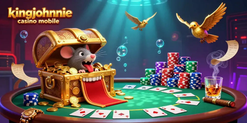 Adventurer mice are attracted to the kingjohnnie casino mobile treasure chest filled with riches and poker elements.