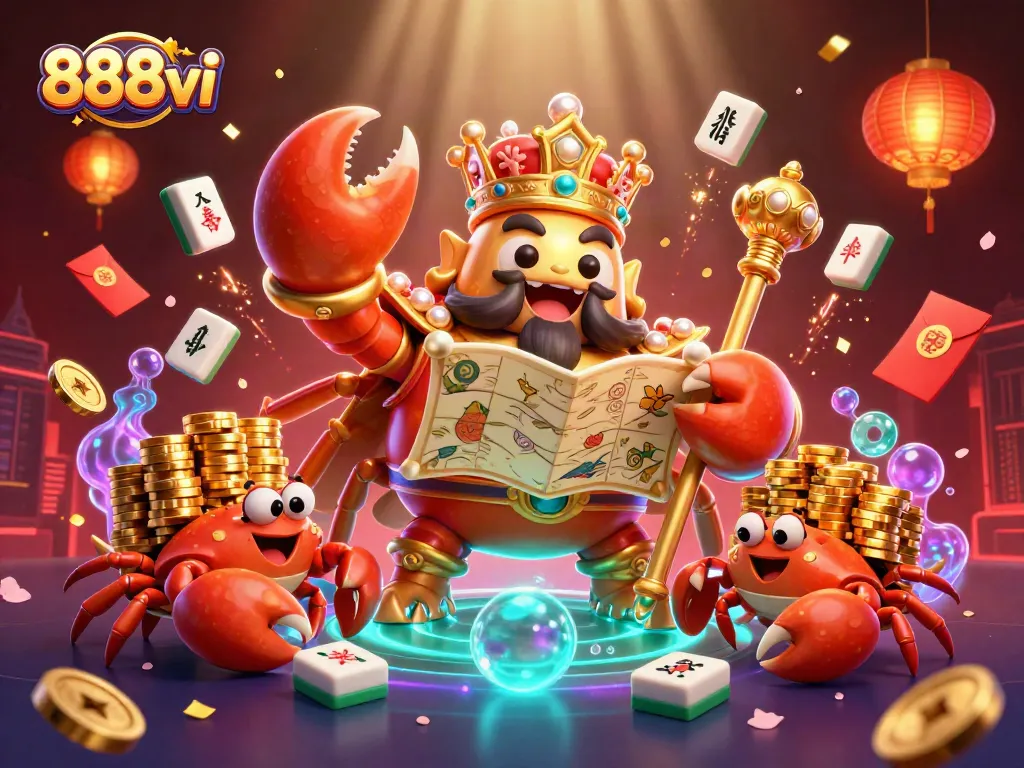 Experience the vibrant 888vi casino realm, featuring a golden crab emperor with treasure, magical game elements, and a lively atmosphere.
