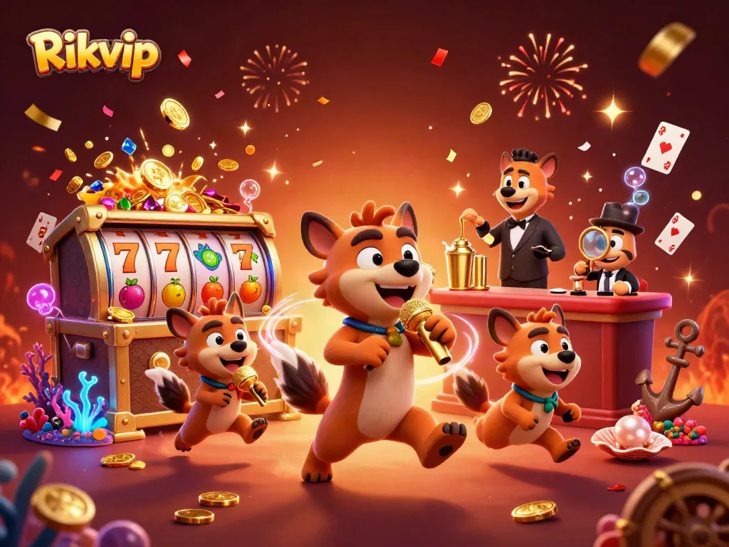 Experience exciting gameplay at Rikvip casino with energetic hyenas in a dynamic casino scene.