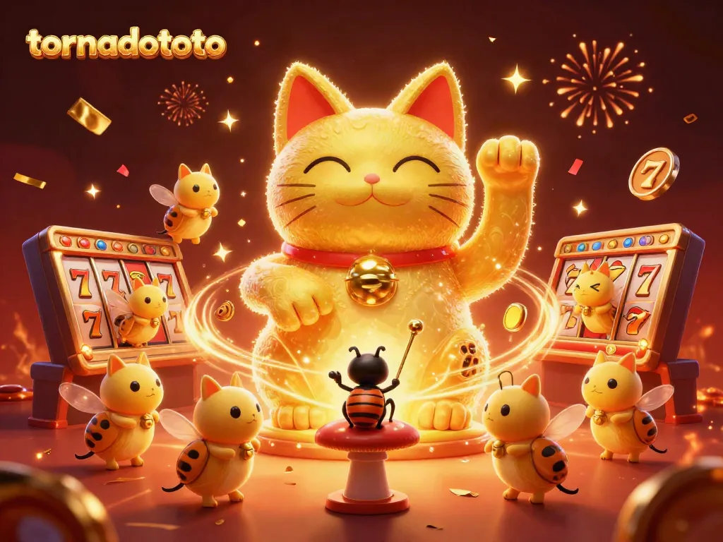 Experience the excitement of tornadototo with golden fireflies and a lucky cat in a vibrant casino setting.