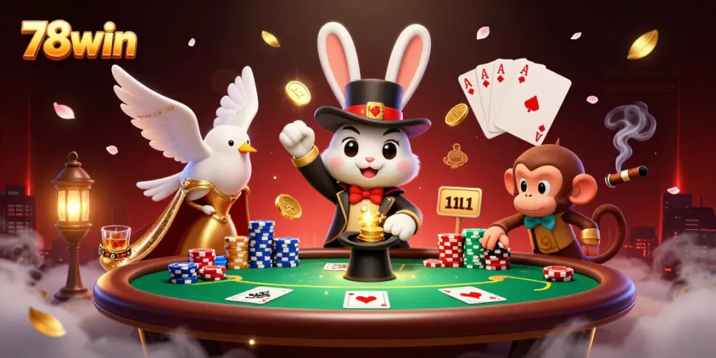 Experience thrilling wins at 78win with a vibrant poker scene featuring a magician and playful characters.