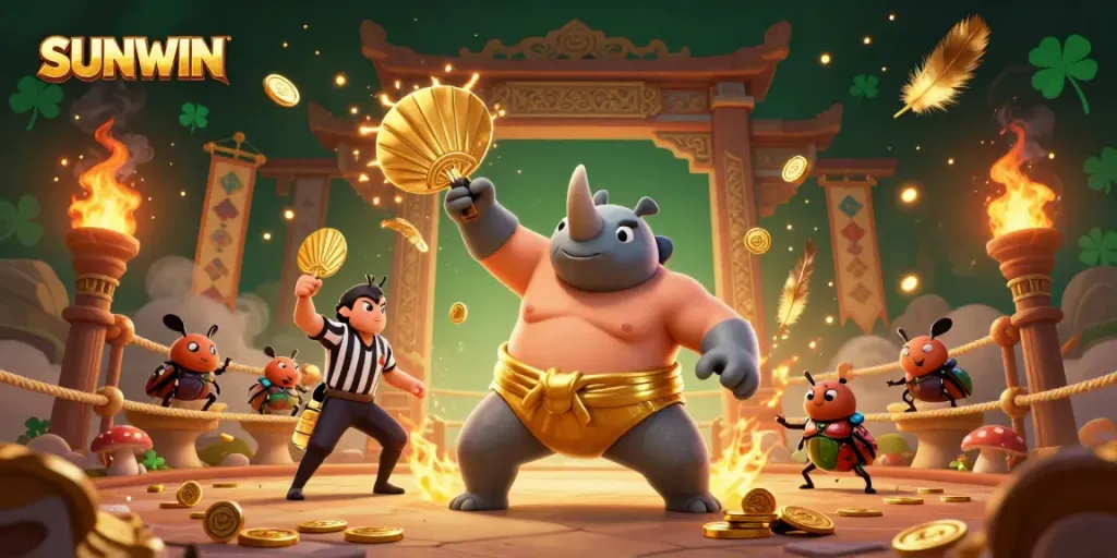 SUNWIN festival scene with a sumo beetle champion stomping golden coins, highlighting a vibrant casino atmosphere.