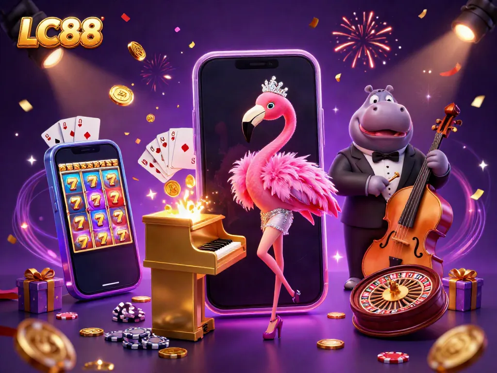 Join the casino fun at LC88 with a lively flamingo singer and hippo bassist entertaining the audience.