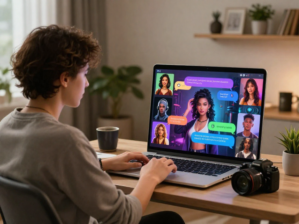AI porn chat user engaging with dynamic characters and visuals in a cozy home office.