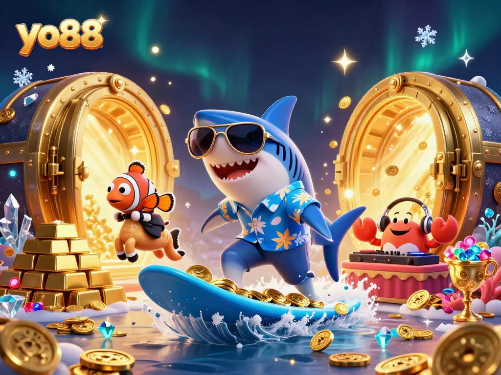 Experience thrilling gaming with yo88 as a shark surfs on coins, bringing excitement to your casino adventure.