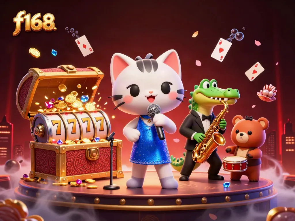 Experience the exciting world of f168 casino with a vibrant 3D illustration featuring lively characters among spinning slot reels and treasures.