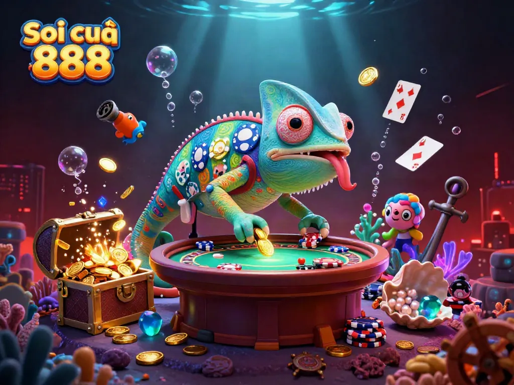 Soi cầu 888 shows a vibrant casino scene with a chameleon owner collecting coins, embodying excitement in gambling.