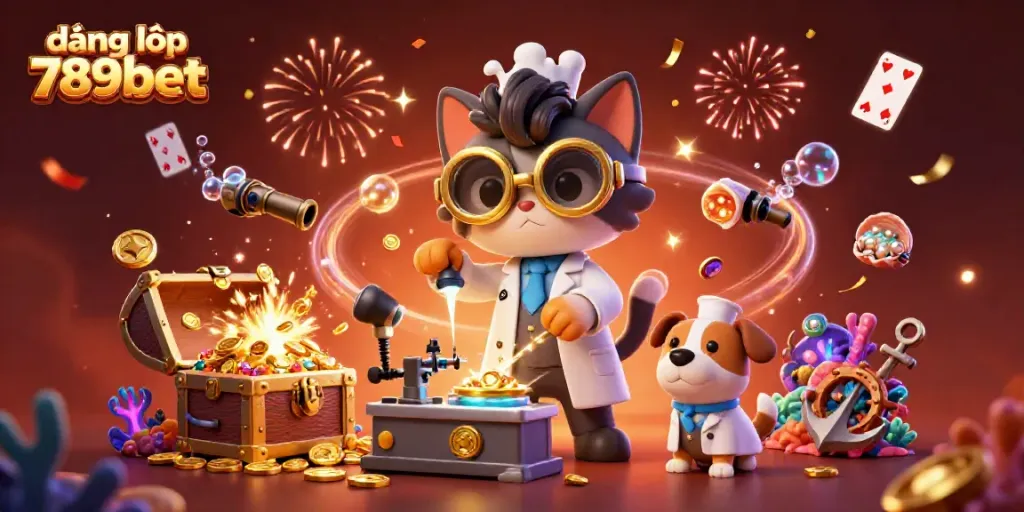Experience the thrill of đăng nhập 789bet with an exciting casino-themed illustration depicting a mad scientist cat and a lab assistant.