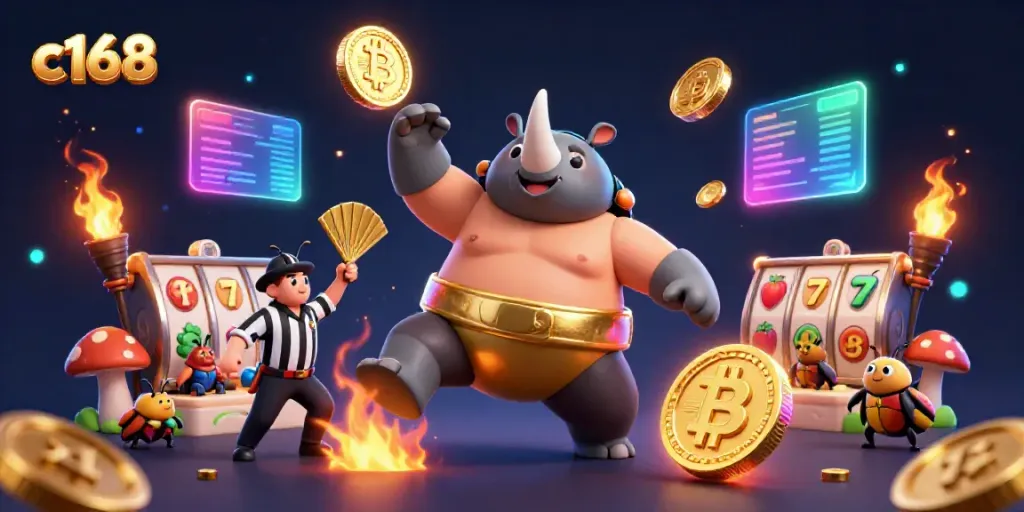 c168 gaming scene featuring a powerful sumo beetle champion amidst slot reels and cryptocurrency coins.