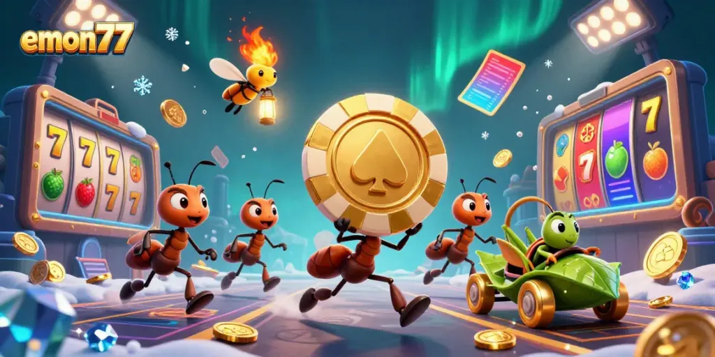 Experience the thrill of emon77 with 3D animated ants heisting a giant poker chip in this vibrant casino scene.