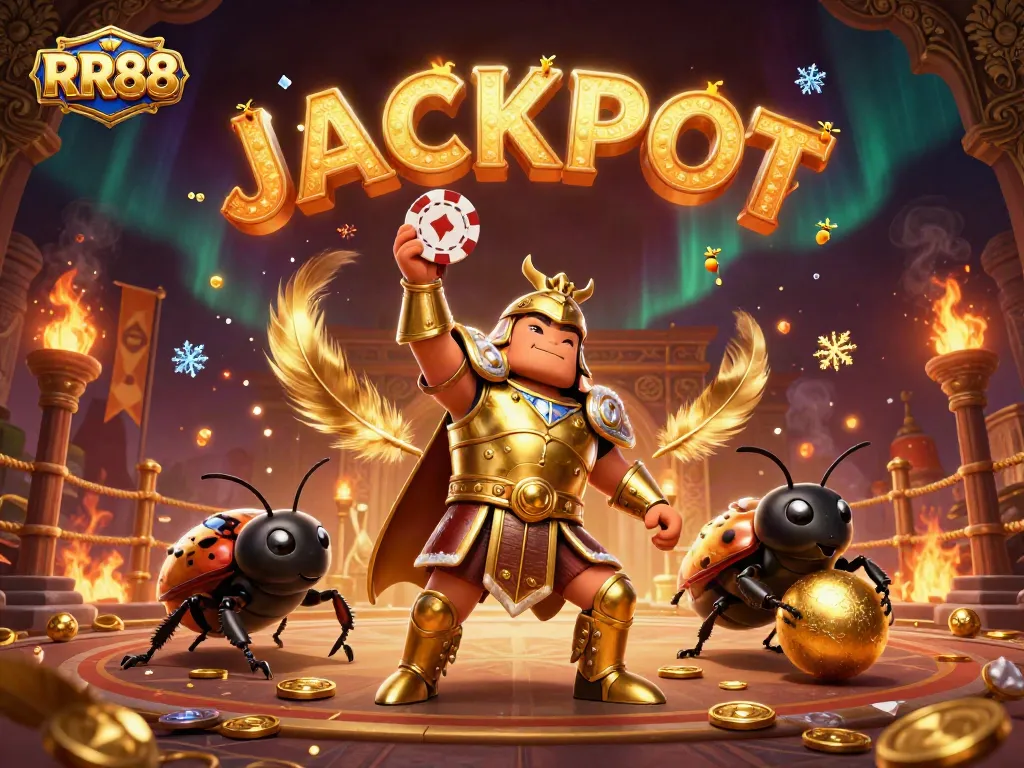 Experience thrilling wins at RR88 with an energetic jackpot celebration featuring vibrant characters and dynamic game elements.