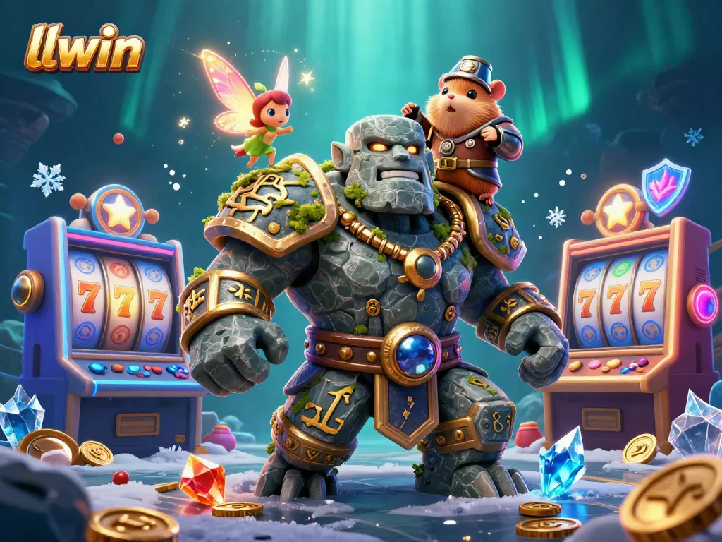 Experience thrilling gaming adventures with llwin featuring a magical scene with a golem, fairy, and knight.
