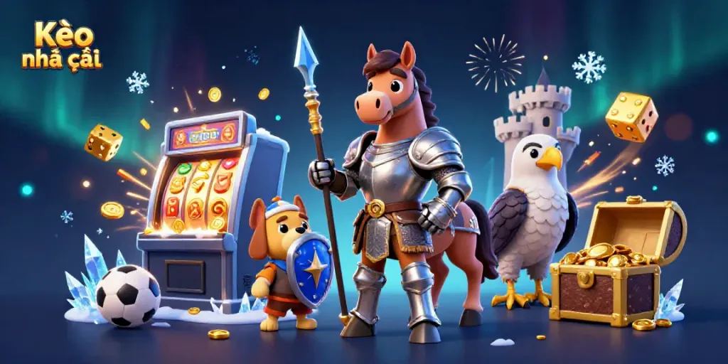 Engage in sports betting with Kèo nhà cái, featuring vibrant characters and dynamic casino elements.