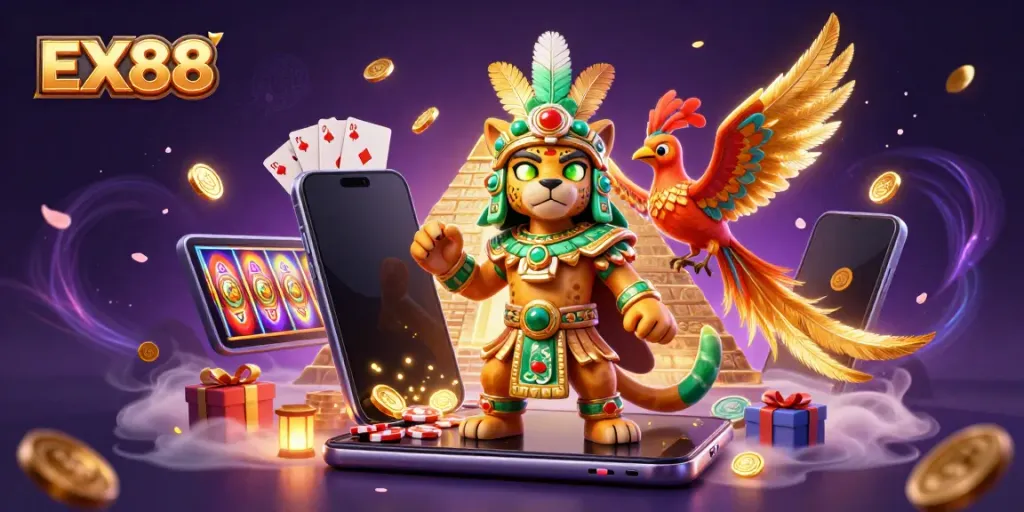 Experience thrilling online gaming with EX88 featuring vibrant slot games, casino elements, and immersive characters.