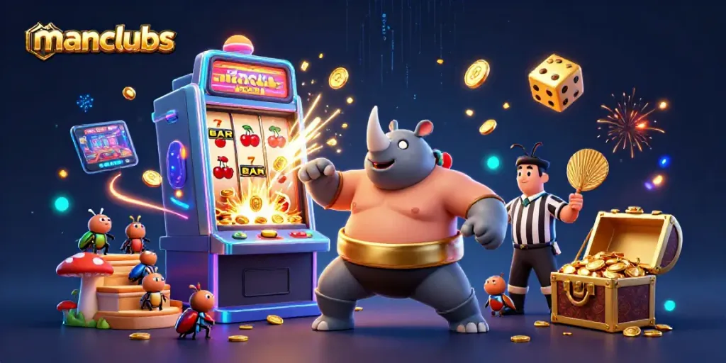 Experience the thrilling action of manclubs with a sumo beetle champion surrounded by winning slot machine elements.